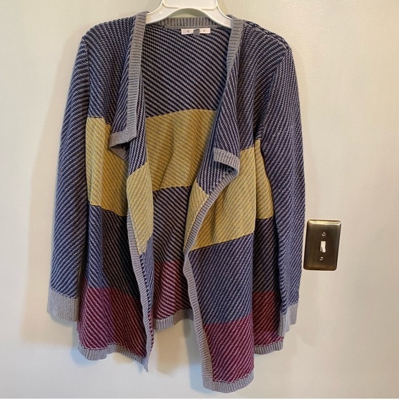 Cabi Waterfall Relaxed Yellow Grey Color Block Open Front Cardigan Size medium - Picture 1 of 6